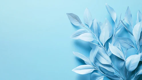 Minimalist frosted leaves composition on soft blue background