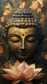 Golden Buddha head with lotus flowers floats in darkness