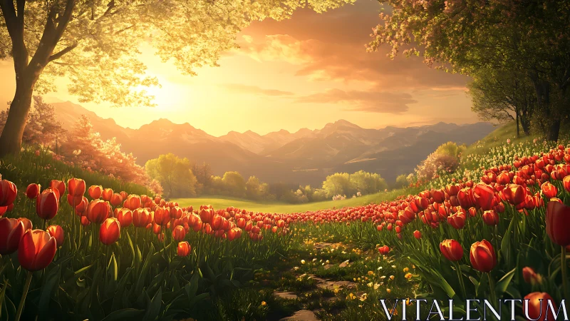 Sunlit tulip valley leading toward distant mountain range.