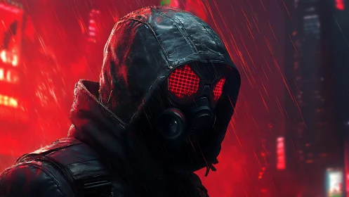 Gas-masked hooded operative in neon red cyberpunk rainfield