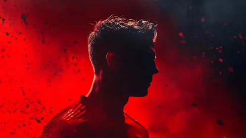 Silhouette of male athlete in red atmospheric lighting.