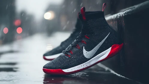 High-top athletic sneakers on wet urban pavement in rain.