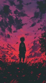 Silhouette kid drinks in a storm of crimson falling sky