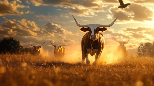 Longhorn cattle charge across sunlit prairie dust storm.