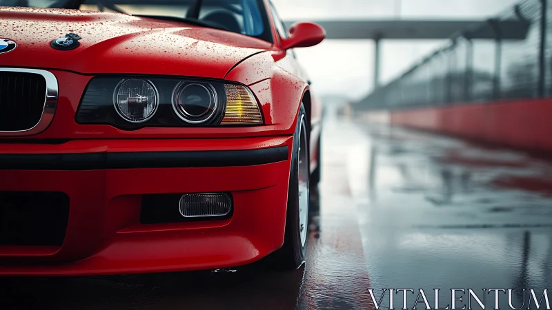 Rain kissed red track beast waits on a glistening pit lane.