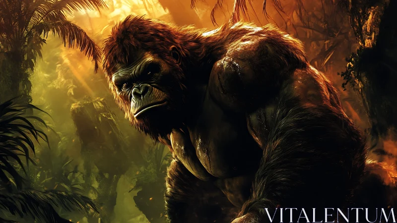 Mighty jungle gorilla pauses in glowing golden rainforest light