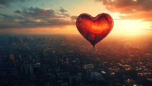 Red Heart Balloon Over Sunset City