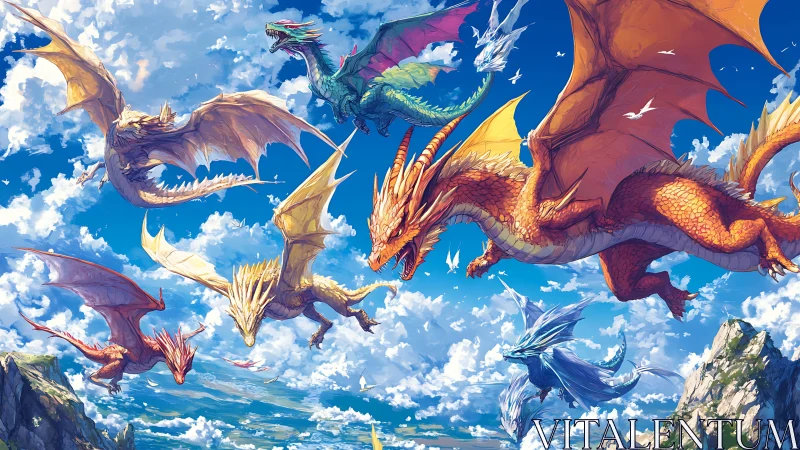 Skyborne dragons ignite vivid storm of color and light.