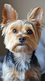High-resolution frontal portrait of Yorkshire terrier canine subject.