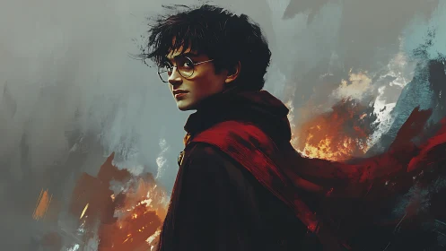 Young wizard portrait in crimson cloak amid fiery storm.
