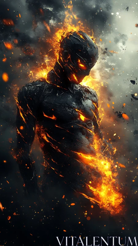 Molten humanoid figure engulfed in flames and embers.