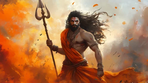 Warrior monk holding trident amid swirling orange smoke.