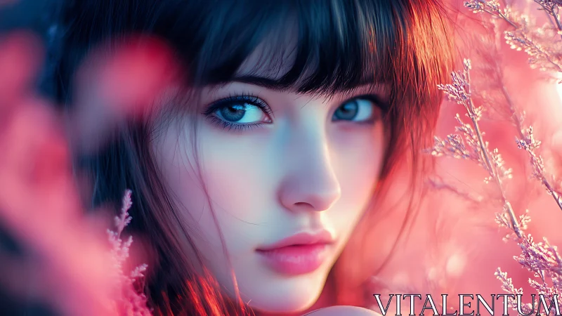 Dreamy blue-eyed girl gazes softly through glowing petals