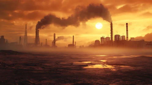Industrial emissions silhouetted against hyper-saturated toxic dusk.