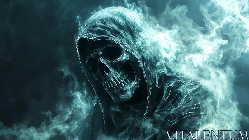 Grim reaper skull in swirling blue ghostly smoke shroud.