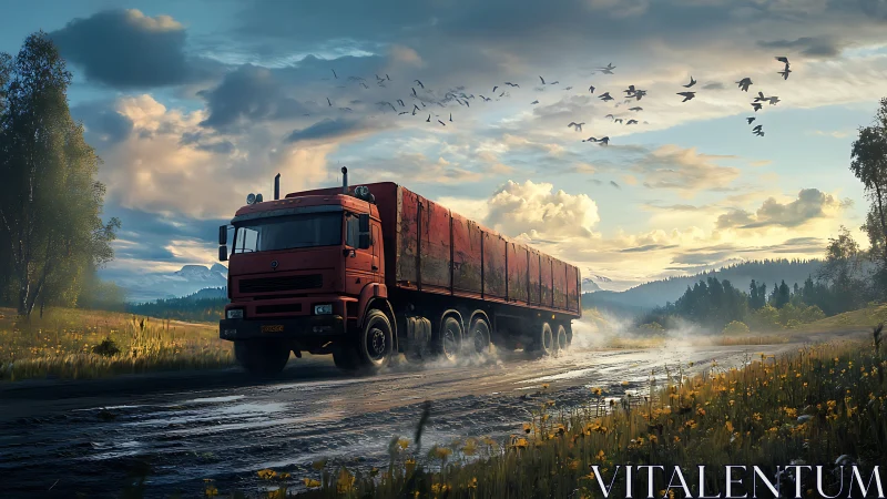 Red freight truck storms along a misty sunrise mountain road