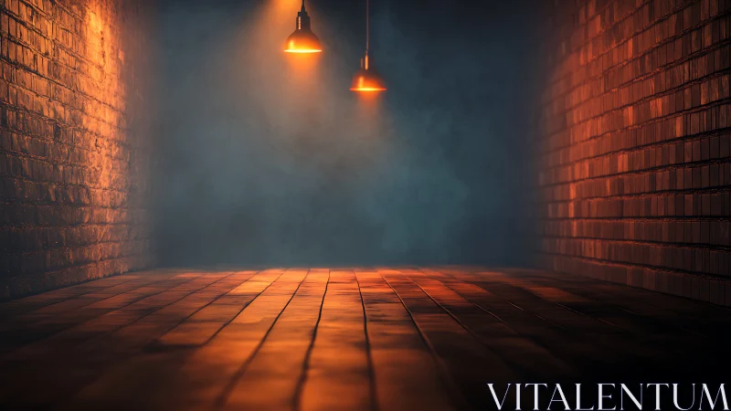 Industrial brick corridor with warm pendant lighting glow.