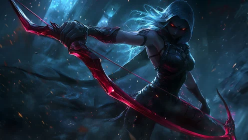 Shadow archer draws glowing crimson bow in dark forest