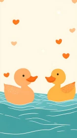 Two Rubber Ducks Floating in Water with Hearts