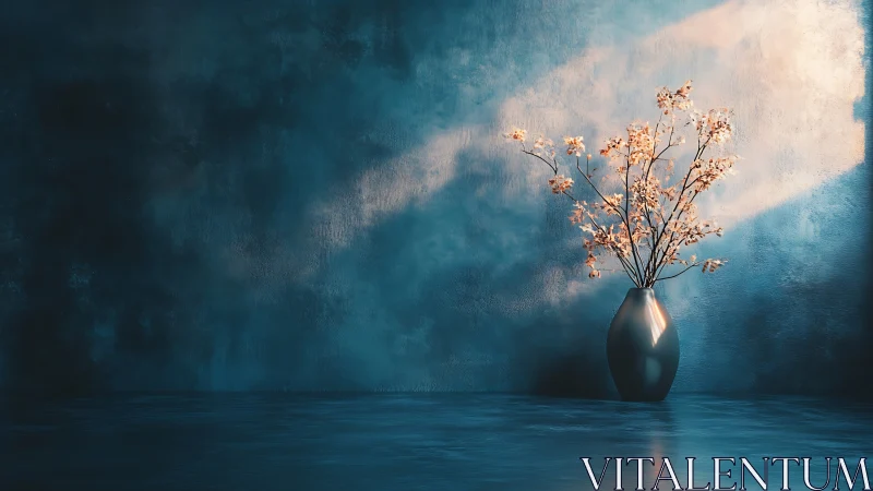 Soft light on minimalist vase and blossoms in teal room.