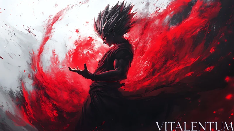 Warrior silhouette amid red energy vortex in digital art.
