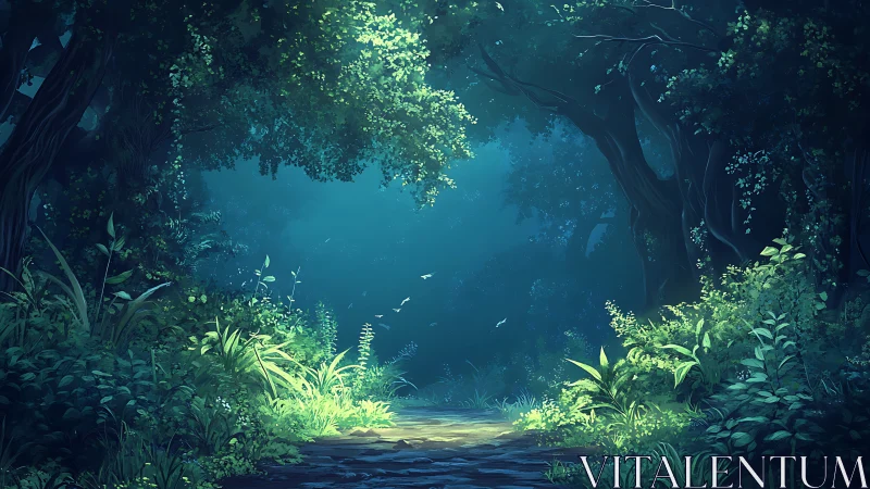 Luminescent Cavern Pathway with Volumetric Lighting Through Deciduous Canopy