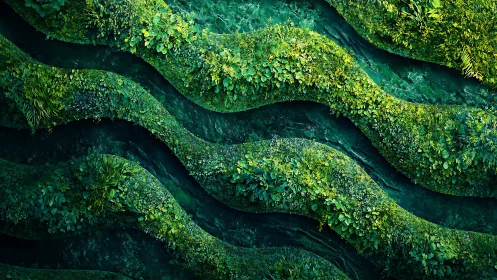 Layered green terraces over abstract flowing water surface.