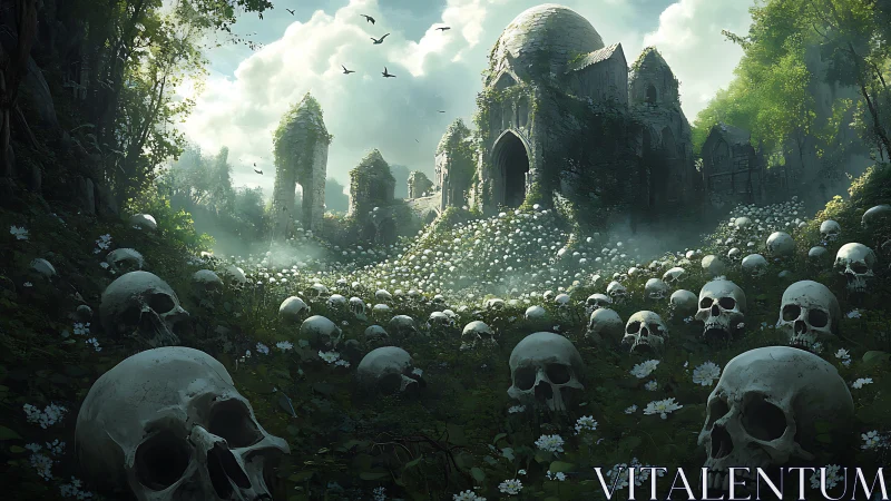 Skull-strewn valley before decayed gothic stone temple.