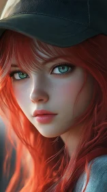 Digital portrait shows red‑haired subject in cap facing viewer