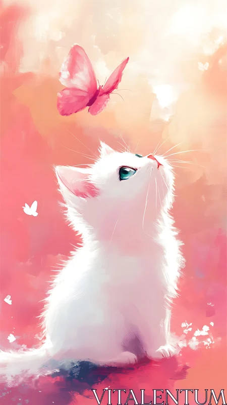 White kitten watching pink butterfly on soft pastel background.