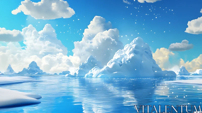 Hyperreal arctic seascape with cumulus clouds and icebergs