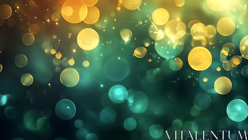 Abstract glowing bokeh lights in teal and gold, dreamy digital art.