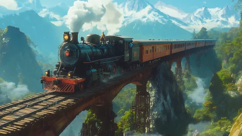 Steam locomotive crossing misty canyon bridge at sunrise.