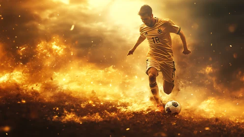 Dynamic soccer striker in blazing golden motion field.