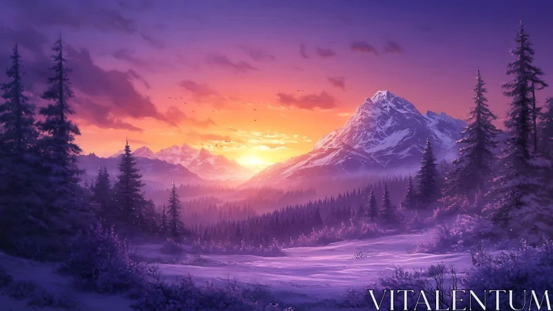 Digital mountain sunset over snow forest is depicted
