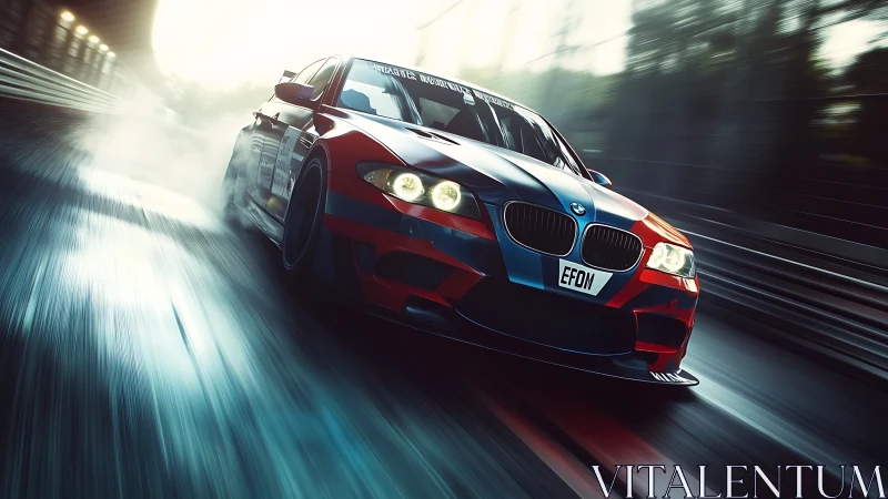 High-velocity BMW race coupe under dynamic motion blur rendering.