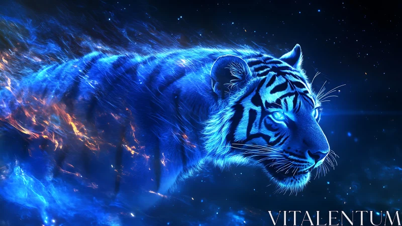 Luminescent spectral tiger rendered in blue plasma motion field