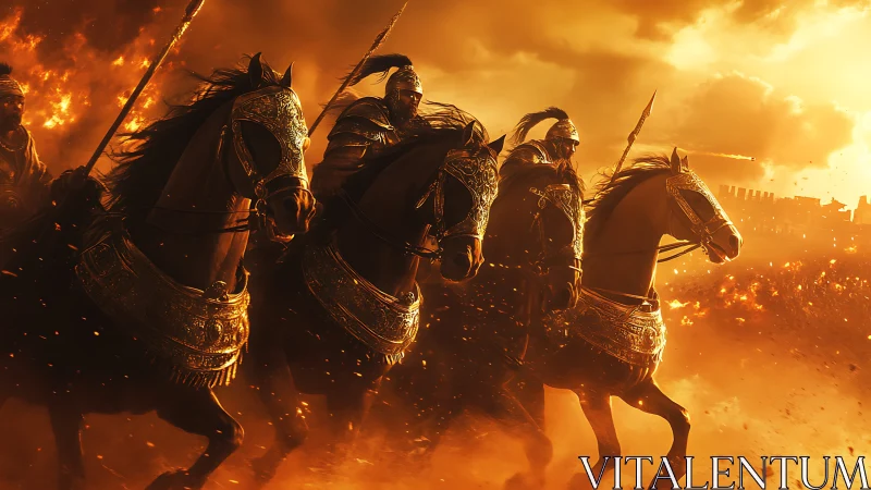 Flaming cavalry charge under blazing golden war skies.