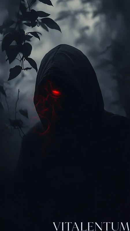 Hooded figure with red glowing eye in dark forest setting.