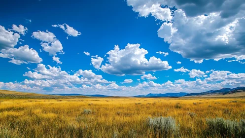 Expansive grassland plain under deep blue clouded sky.