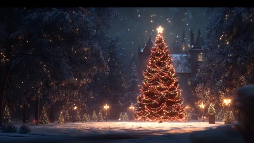 Central illuminated outdoor tree stands in a snowy courtyard