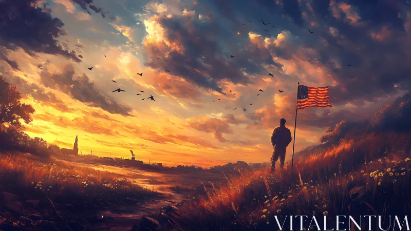 Digital painting of lone patriot at riverbank sunset vista.
