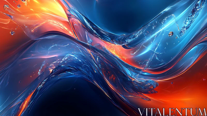 Fluid dynamic collision of blue refractive glass and orange plasma