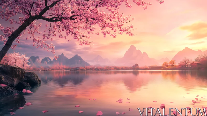 Serene pink lakeside landscape with cherry blossom tree.