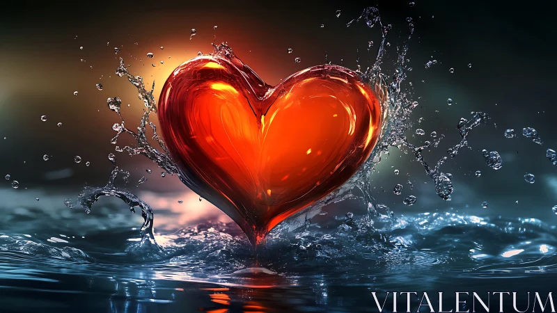 Luminous Red Heart Erupting Through Water Splash