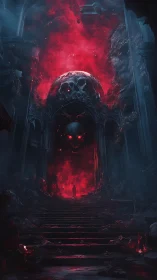 Vertical corridor reveals infernal skull gateway with volumetric red haze