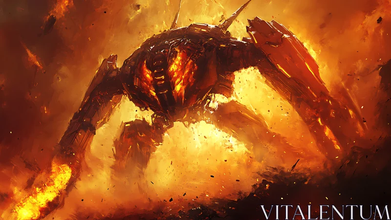 Molten war mech strides through erupting inferno blast zone