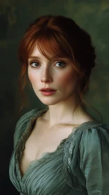 Red-haired woman in vintage green dress portrait.