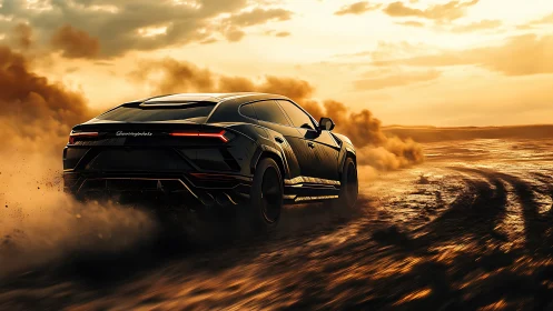 Luxury performance SUV powers across blazing desert trail.