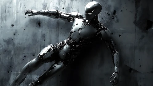 Chrome humanoid robot on dark industrial metal wall